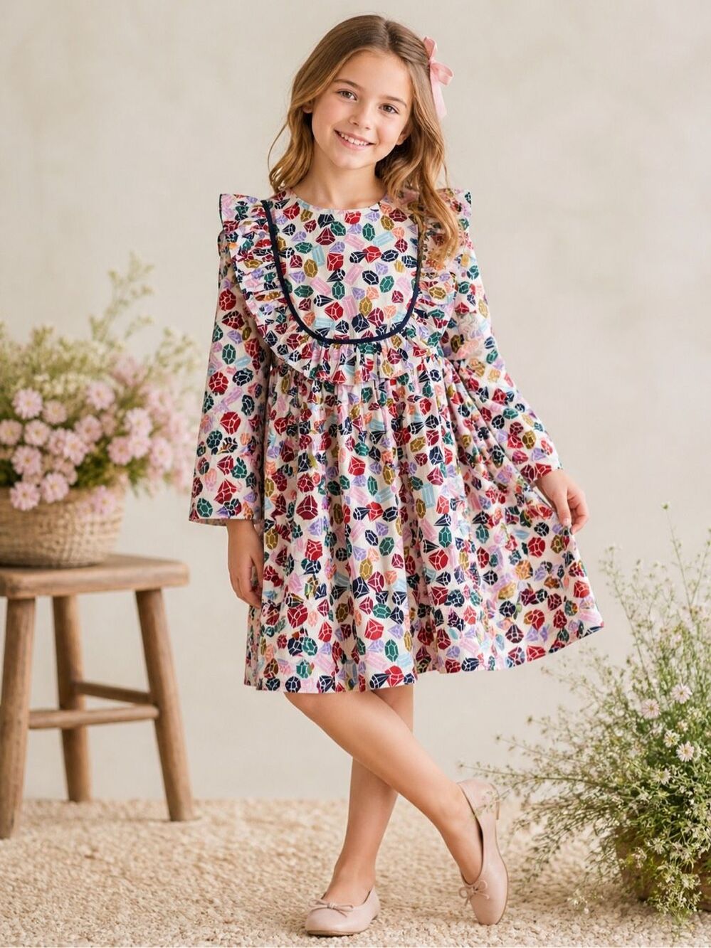 NWT Pink Chicken Girls Printed Ruffle Bib Dress | Whimsical Floral Long Sleeve,